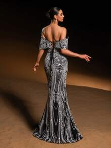 Faeriesty 高级魅力奢华美人鱼晚礼服，配有闪亮的花卉亮片和串珠刺绣、露肩设计、交叉后背系带、鱼尾裙和剪裁合身 - 非常适合婚礼、红毯活动、豪华晚宴和优雅的女性聚会