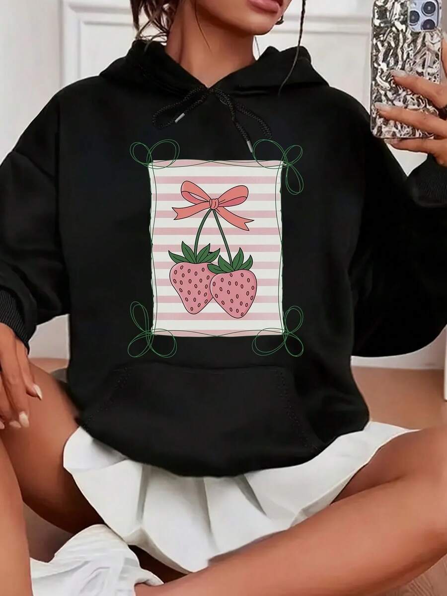 Women's Fashionable Black Hooded Sweater With Cute Strawberry Pattern Print - Warm Long-Sleeved Pullover, Casual Strap-On Hooded Sports Shirt, Suitable For All Seasons, Casual Pullover Shirt