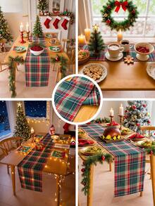 1pc Vintage Green Plaid Table Runner, Woven Rectangular Tablecloth, Washable, Suitable For Sideboard, Shoe Cabinet, Dining Table, Home Decor, Room Decor, Farmhouse, Kitchen, Dining Room, Party, Holiday, Christmas, New Year, Autumn Decoration - Green - View 3