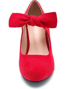 Women's Cute Bow Heels Mary Jane Kitten Heel Pumps Closed Round Toe Low Heels Ankle Strap Wedding Evening Party Dress Office Work Church Shoes-20256688 - 紅色絨面革 - 查看 5