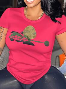 Women's Plus-Size Guitar Lake Landscape At Night Guitarist Fashionable Casual Daily Shopping Loose T-Shirt - 粉色 - 查看 1