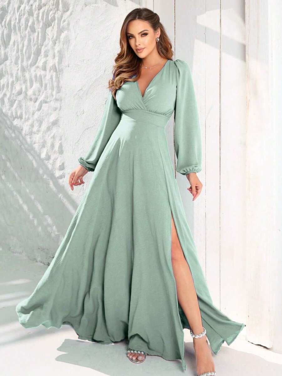 Long V-Neck Dress Lavana Helena NM Nana Marie Simple Elegant Party Fabric Fits Well At The Waist Party Party Wedding Graduation Party Formal & Evening Wedding Guest Prom Graduation Season - 薄荷綠 - 查看 1