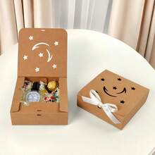 Christmas Minimalist Hollow Square Star Moon Beige Bow Gift Box In Stock, Flip-Cover Folding Square Gift Box Star Moon White Bow, Square Kraft Paper Gift Box - Multicolor - View 8