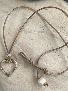 1pc Boho Style Brown Leather Cord Necklace With Heart Spiral Pendant, Pearl Clasp Decor - Nhiều màu - Xem 2