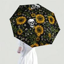 Guarda-chuva Dobrável com Crânio e Girassol, Presente de Halloween, Viagem, Ultralight, Portátil, Proteção UV, À Prova de Chuva, Guarda-sol Resistente para Homens e Mulheres