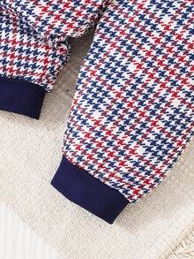 H HIBOBI 2pcs Baby Boy Outfit, Includes Bear Pattern Long Sleeve Top And Plaid Pants (0-18 Months)