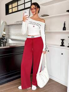 女式红色阔腿运动裤 - 高腰抽绳宽松休闲裤，秋冬休闲慢跑裤，柔软舒适的运动健身裤，街头时尚 Y2K 工作办公室套装，舒适假日保暖下装 - 紅色 - 查看 2