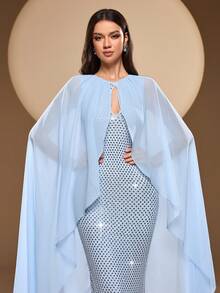 Women's Solid Color Round Neck Hollow Out Neckline, Heavily Embellished With Rhinestones, Elegant And Sophisticated, Long Sleeveless Chiffon Hooded Cape Dress, Ethereal For Formal Occasions, Banquet And Gala