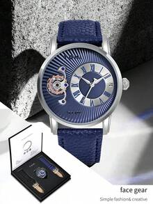TOMI 礼品套装：男士旋转齿轮石英表，带可更换表带，礼盒装，适合日常生活、返校、万圣节、节日 - 藍色 - 查看 10