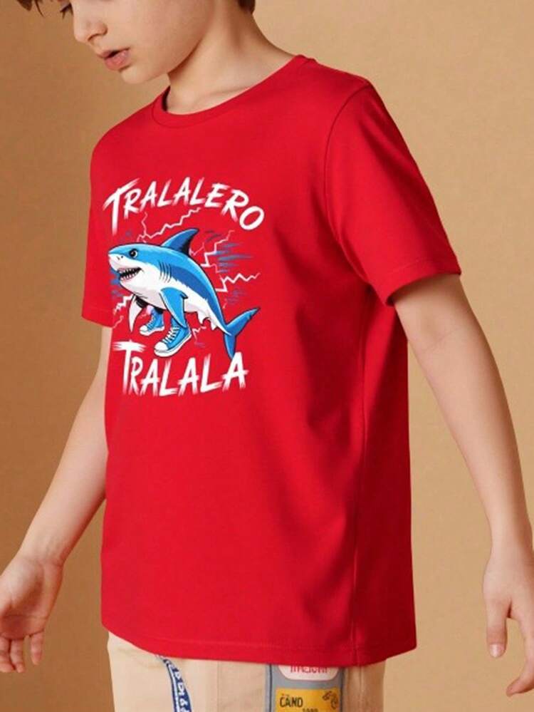 Camiseta infantil para niño, estilo casual de verano, holgada, cuello redondo, manga corta, estampado de Brainrot Tralalero Tralala Divertido, para uso diario - Rojo - Añade 3
