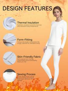 Conjunto de roupa térmica feminina - blusa de manga comprida com gola redonda e calça em branco elegante | Forro térmico, ultra quente, respirável e modelagem justa | Perfeito para relaxar em casa, deslocamentos urbanos, viagens de esqui e caminhadas | Tecnologia antiestática e de secagem rápida | Essencial para o inverno, outono, Natal e festas de fim de ano, mantendo você aquecido(a). - Branco - Ver 3
