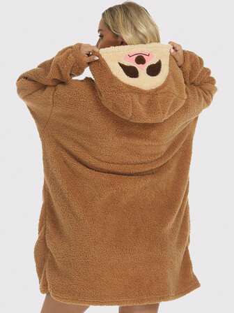 Vestido de dormir con capucha casual y esponjoso, con bordado de animales, holgado y grueso para el invierno