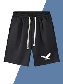 男士常规款抽绳小鸟印花短裤，时尚休闲短裤，带口袋，松紧腰身，适合送给丈夫/男朋友的礼物，夏季服装，街头、通勤、户外活动、度假