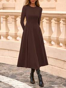 Cocktail Dresses For Women  Elegant Classy Fall Long Sleeve Midi Swing A Line Flowy Modest Party Dress - 棕色 - 查看 3