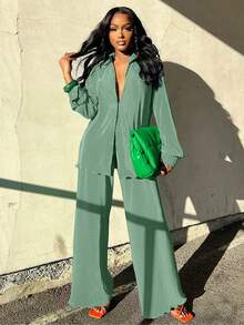 2pcs Women's Fashionable Pleated Shirt And Comfortable Wide-Leg Pants Set, Casual, Ladies Spring/Fall Casual Pocket, Zipper Long Sleeve Loose Blouse Pants Women Two-Piece Outfits, Casual Daily Wear - hồ xanh - Xem 5