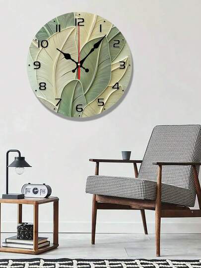 10/12Inch Silent Wand Klok Abstract Leaf Frameless Moderne Vintage Wood Veneer, Groen Beige Gradient Ideal Living Room, Bedroom, Kitchen No Battery Included, Room