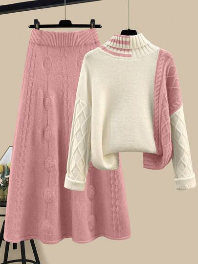 New Year Fashion Elegant Loose Casual Women High Neck Pullover Long Sleeve Color Block Sweater & Skirt 2 Piece Set, Women Autumn/Winter Outfit