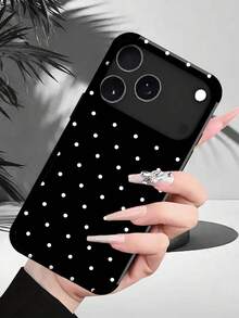 1pc Black & White Polka Dot Pattern Printed Phone Case, Fashionable French Minimalist Cute Boho Style Mini Dot Elements UV Printing Soft Leather Case Compatible With Apple/ Galaxy S24 Ultra, 17 Pro Max/16 Pro Max/12 Pro/13/14 Plus/15 Pro Max/16 Pro Max, 11/13 Pro - Black - View 4