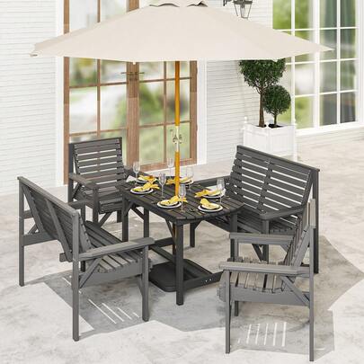  Outsunny 5 Piece Wooden Garden Dining Set For 6, Outdoor Conversation Set With 2 Armchairs, 2 Loveseats And Dining Table With Umbrella Hole For Patio, Balcony, Grey