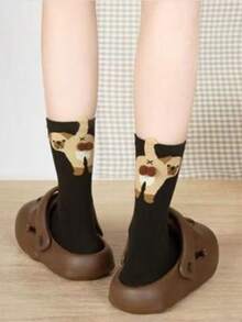 1/4 双卡通猫 3D 铃铛蛋女士袜子，四季中筒袜，可爱俏皮，采用四种动物图案：哈士奇、北京犬、柴犬、暹罗猫、卡通猫和狗铃铛蛋图案 - 彩色 - 查看 13