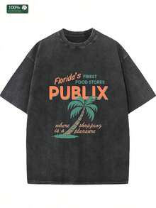 Florida Publix Graphic Modern Streets Tees, Pure Cotton Vintage Water Washed Men's T - Shirts, Gifts For Family And Friends, With Drooping Shoulder Sleeves And Round Neck - 黑色 - 查看 1