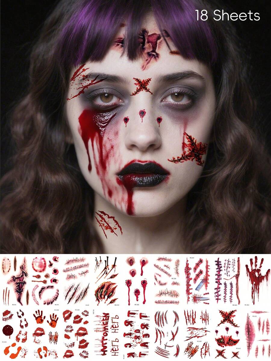 Halloween Zombie Fake Injury Tattoo Stickers 18 Sheets, Bloody Stitched Scar Blood Drip Face Body Tattoos For Horror Cosplay Party Makeup - Multicolor - View 1