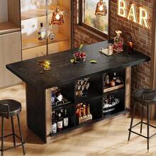 Tribesigns 62.6" Rectangular Bar Table With Storage, Home Bar Cabinet Unit With 6 Spacious Cubbies And Metal Footrests, Large Counter Height Pub Table For Home Kitchen, Dining Room, Brown & Black - Nâu + Đen - Xem 4