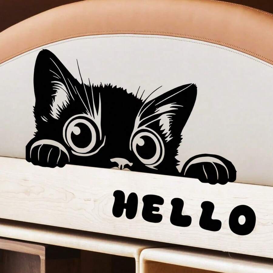 ملصق حائط قابل للإزالة بشكل قطة سوداء كرتونية مكتوب عليها "مرحبا"، مناسب لديكور غرفة النوم وغرفة المعيشة وديكور الحائط المنزلي