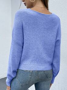 Women's Sexy Sweater V Neck Off Shoulder Long Sleeve Cross Wrapped Front Knit Sweater Fall Autumn Winter Street Party Club Night Out Valentine Top Outfits - 天藍色 - 查看 2