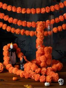 MEHELANY 2pcs 4.92ft Long Orange Artificial Marigold Garland, Fluffy Artificial Marigolds, Suitable For Diwali, Day Of The Dead Decoration, Fireplace Hanging Decoration, Wedding, Halloween, Wall Decoration, Garden Decoration, Yard Decoration, Altar Decoration, Birthday Party, New Year Theme Party And Other Occasions. - Burnt Orange - View 8
