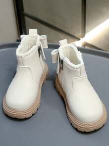 1 Pair Girls' Cute Bow Design Soft Leather Side Zipper Ankle Boots, Comfortable Children Ankle Boots - Beige - View 3