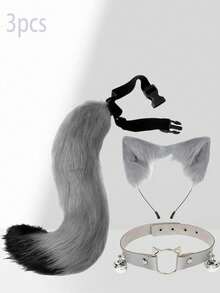 Set de 3 piezas: Diadema con orejas de gato, accesorio de cola de zorro, segundo elemento, orejas de animal, set de cola de animal, collar y pinza para el cabello, adecuado para varios festivales y disfraces de fiesta - Multicolor - Ver 1