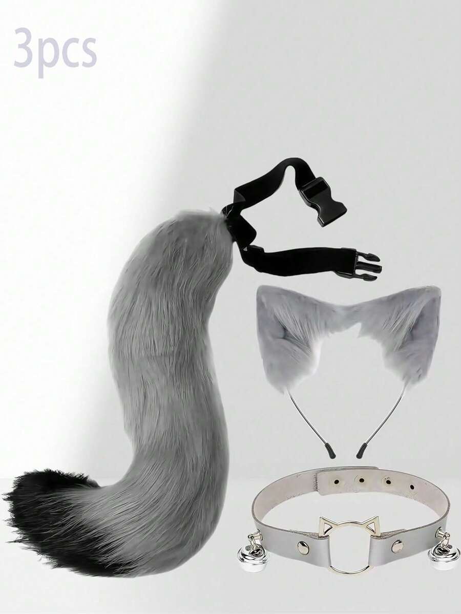 Set de 3 piezas: Diadema con orejas de gato, accesorio de cola de zorro, segundo elemento, orejas de animal, set de cola de animal, collar y pinza para el cabello, adecuado para varios festivales y disfraces de fiesta - Multicolor - Ver 1