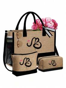 字母帆布手提袋套装，包含化妆包、洗漱包、钱包和个性化礼品袋，时尚休闲单肩包，适合婚礼、生日、海滩、度假、节日、上学等场合，是送给女性、妈妈、老师和朋友的绝佳礼物。 - 彩色 - 查看 25