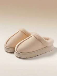 男女通用毛绒内衬拖鞋，舒适休闲风格，适合秋冬，毛茸茸的内衬，防滑厚底，纯色面料鞋面，适合户外穿着，可机洗，一脚蹬，防滑 EVA 鞋底，舒适厚底家居鞋 - 米色 - 查看 3