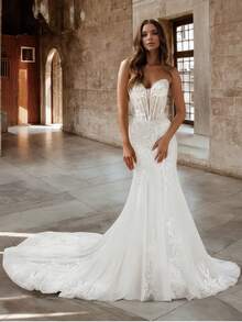 Elegant Sexy Lace Applique Embroidery Mermaid Wedding Dress For Bride,Off Shoulder Tube Top Tuyhe Formal Evening Party Dress Bridal Gowns,Romantic Church Ceremony Wedding Dress,Suitable For Wedding,Dating,Birthday Party,Singles' Party,Vacation,Formal Occasions,Dinner Dress,Prom Dress,Homecoming Dress,Cocktail Party - 白色 - 查看 5