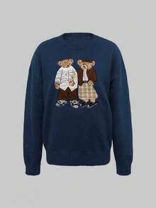 2025秋冬新款复古卡通熊刺绣宽松圆领长袖女式毛衣，适合休闲穿着，也适合万圣节、国庆节、新年、圣诞节等秋冬季节穿着。 - 藏蓝色 - 查看 9