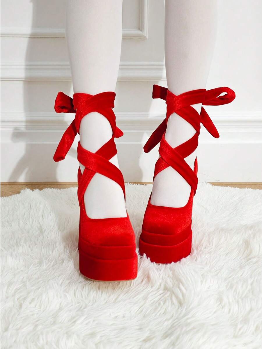 Platform High Heels For Women Goth Sexy Bow Chunky Heel Mary Janes Dressy Ankle Strap Round Closed Toe Y2K Shoes Elegant Outfits Valentine's Day - Đỏ - Xem 1