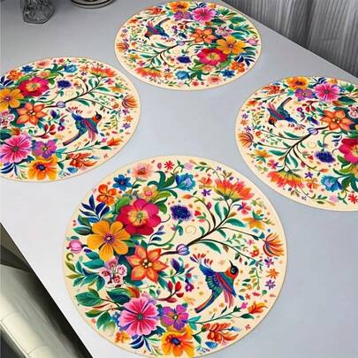 [6 Paquetes] Manteles individuales redondos de estilo mexicano de 14.5" - Motivo colorido de colibrí y flor - Para fiestas, cocina y decoración de mesa | ¡Agrega color a tu hogar!