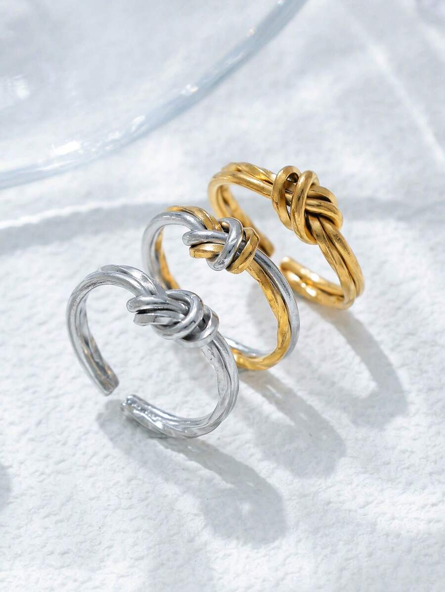 1pc Unique Rope Knot Design Adjustable Open Ring Stainless Steel Stacking Ring Golden Silvery Two Tone Jewelry For Women For Daily Wear Accessories Dating Gift
