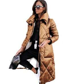 Women's Winter Long Puffer Coat Shiny Lapel Zipper Elegant Commuter Jacket - 棕色 - 查看 2