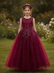 Flower Girls Tulle Lace Princess Pageant Festival Bridesmaid Carnival Floor Long Prom Dance Formal Evening Maxi Dresses - Màu Đỏ Sâu - Xem 2