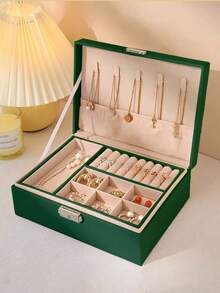 صندوق مجوهرات ذو طبقتين سعة كبيرة، صندوق تخزين مجوهرات محمول، صندوق مجوهرات للزينة، صندوق مجوهرات هدية من الجلد، حاوية عرض فاخرة للتخزين، صندوق مجوهرات متعدد الوظائف من جلد البولي يوريثان مع قفل لساعة، صندوق تخزين، صندوق تخزين خاتم وأقراط وقلادة، صندوق تخزين مجوهرات منزلي، صندوق منظم مجوهرات