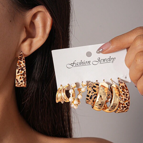 10pcs Vintage Leopard Print Acrylic C-Shaped Hoop Earrings