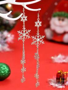 1 paire de boucles d'oreilles pendantes élégantes en forme de flocon de neige pour Noël, avec éléments géométriques ajourés, différentes tailles et formes de pendentifs flocons de neige, longue chaîne à gland, convient pour les fêtes de Noël, les banquets - Argent - Voir 2