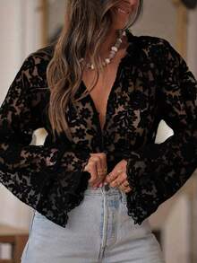ii Women's Elegant Embroidered Lace Sheer Blouse