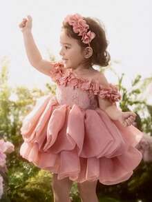 女婴3D花朵蝴蝶结薄纱公主派对礼服，适合一周岁生日、派对、婚礼、正式场合 - 粉色 - 查看 3