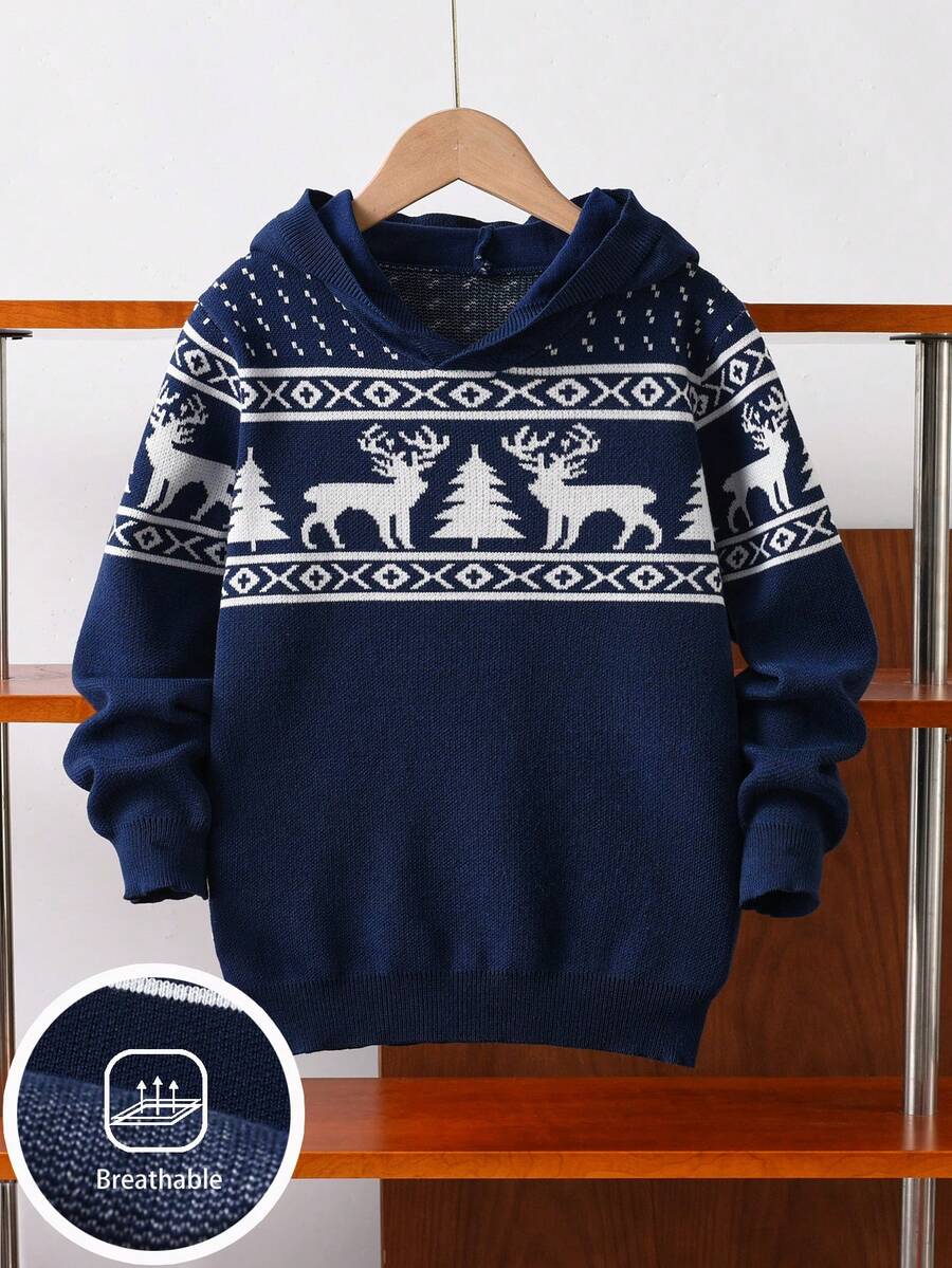 男孩和青少年男孩简约圣诞驯鹿图案连帽针织套头衫，长袖，适合圣诞节、休闲、春季、秋季、冬季 - 藏蓝色 - 查看 1