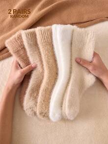 2/4 Pairs Women's Plush Thermal Warm Socks Simple Mink Plush Socks Mid-Calf Socks Crew Socks Thick Soft Fluffy Comfortable Socks Floor Socks, Christmas Gift, Random Color, Suitable For Fall&Winter, Cozy Socks - Multicolor - View 10