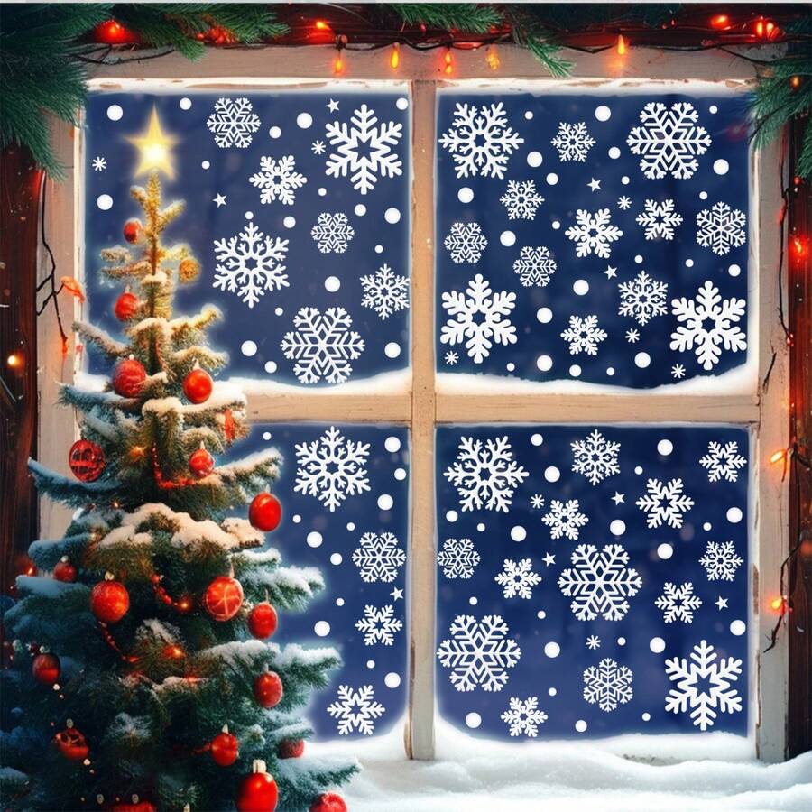 2 hojas de pegatinas de ventana con decoración de copos de nieve navideños, pegatinas decorativas de copos de nieve blancos cálidos para Navidad, suministros para fiestas navideñas, pegatinas de copos de nieve de invierno para ventanas